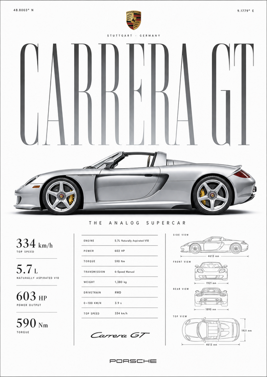 Carrera GT Minimalist Poster – Analog Supercar Wall Art